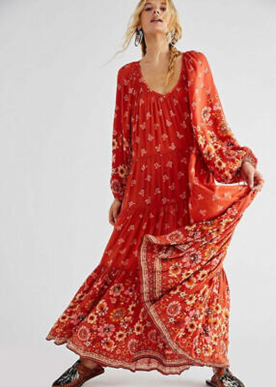 Spell & The Gypsy Collective Joni Gown Floral Campfire Red Boho Maxi Dress S